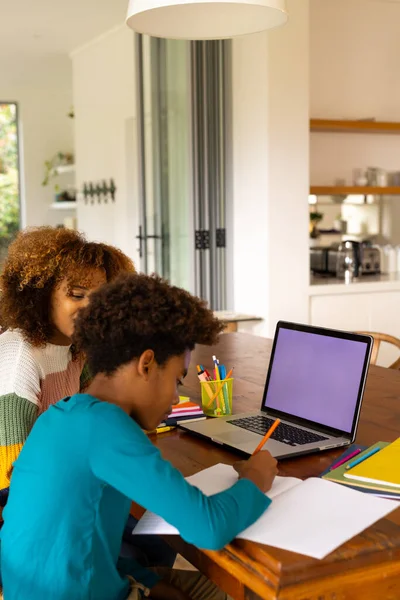 African American Mother Son Using Laptop Copy Space Doing Homework — Stock Photo, Image