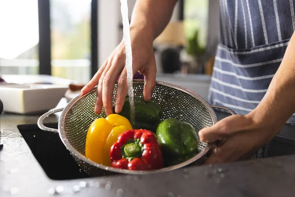 在厨房的水槽里 围裙里有一半的比利奇人在洗辣椒 健康的生活方式和家庭生活 — 图库照片