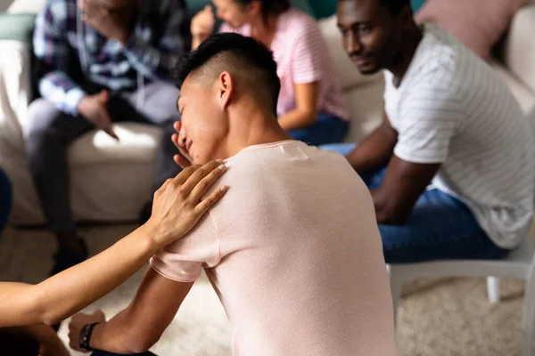 Supportive Diverse Friends Crying Comforting Each Other Group Therapy Session — Stock Photo, Image