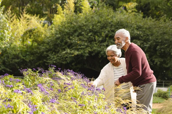 ハッピーシニアカップルは手を握り 自宅の庭の植物を見て スペースをコピーします シニアライフスタイル 家庭生活 変わらない — ストック写真