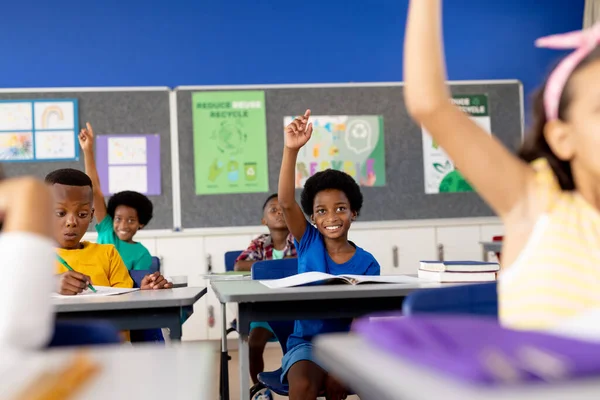 Happy African American School Boy Raising His Hand Classroom Elementary — Stock Photo, Image