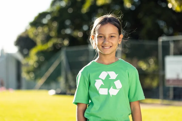 Happy Biracial Schoolgirl Wearing Green Recycling Tshirt Elementary School Sunny — Stock Photo, Image