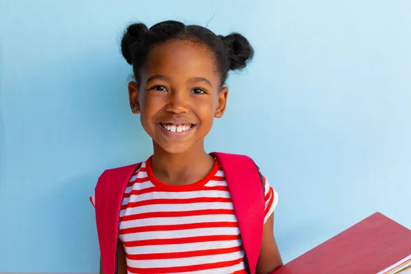 Portrait Happy African American Schoolgirl Books Blue Background Elementary School Royalty Free Stock Images