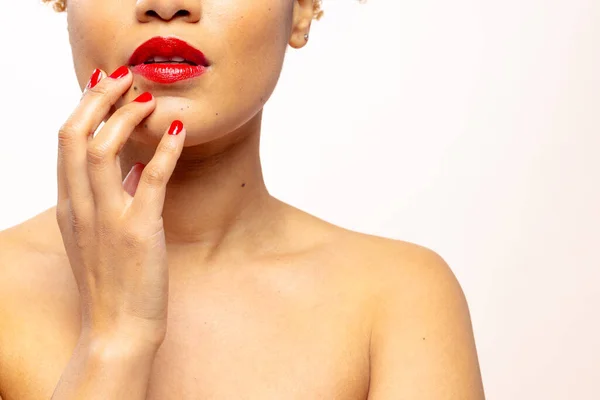 Biracial Woman Wearing Red Lipstick Nail Varnish Touching Face Copy — Stock Photo, Image