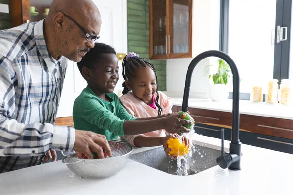Mutlu Afro Amerikan Büyükbabası Torunları Mutfakta Sebze Yıkıyor Ağır Çekimde — Stok fotoğraf