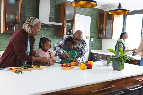 Happy african american grandparents and grandchildren chopping vegetables in kitchen.