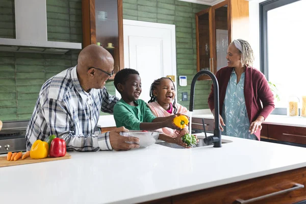 Happy african american grandparents and grandchildren washing vegetables in kitchen. Food, cooking, home, family, togetherness, domestic life and lifestyle, unaltered.
