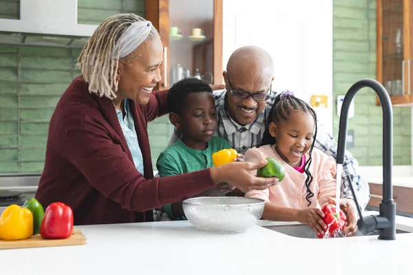 Happy african american grandparents and grandchildren washing vegetables in kitchen.