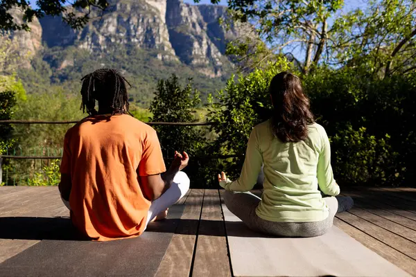 Rear view of diverse couple practicing yoga meditation sitting on deck in sunny garden. Yoga, lotus position, meditation, togetherness, relaxation, nature and heathy lifestyle, unaltered.