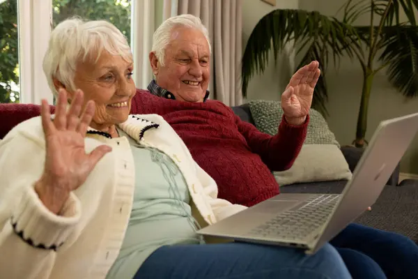 Caucasian Senior Couple Having Video Call Sunny Living Room Retirement — Stock Photo, Image
