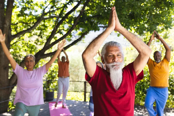 Felice Gruppo Diversificato Amici Anziani Che Praticano Yoga Giardino Soleggiato — Foto Stock