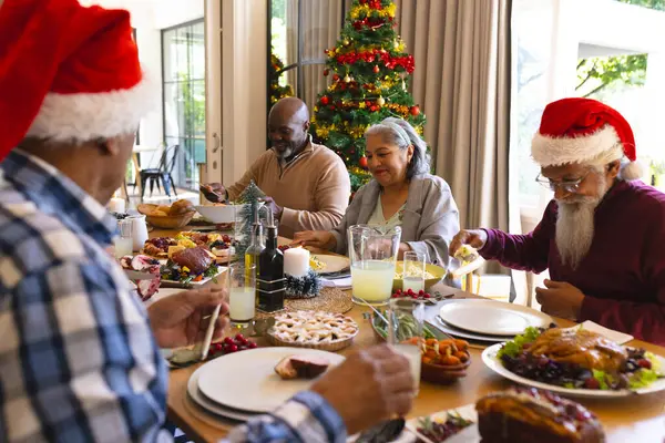 Happy Diverse Group Senior Friends Celebrating Christmas Dinner Sunny Dining — Stock Photo, Image