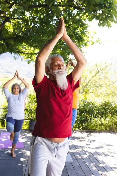 Fröhlich Bunte Seniorengruppe Die Yoga Sonnigen Garten Praktiziert Kopiert Raum lizenzfreie Stockfotos