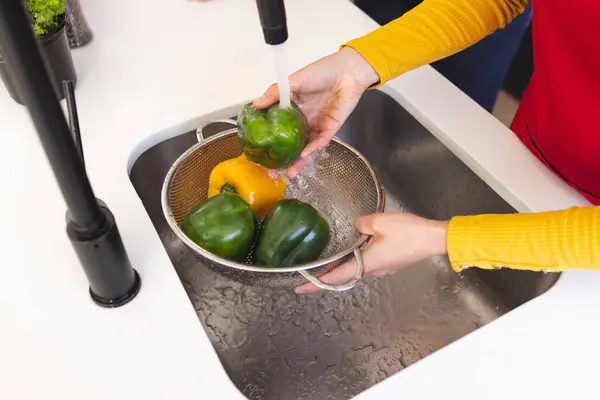 Midsection Woman Washing Vegetables Kitchen Sink Home Cooking Preparation Food — Stock Photo, Image