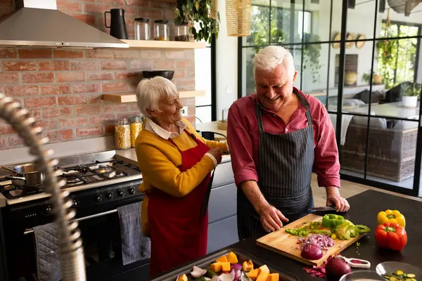 Happy caucasian senior couple preparing vegetables, putting on aprons in sunny kitchen. Togetherness, retirement, wellbeing, cooking, healthy eating, domestic life and senior lifestyle, unaltered.