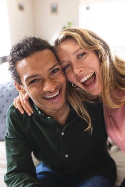 Happy Diverse Couple Having Video Call Laughing Sunny Living Room — Stock Photo, Image