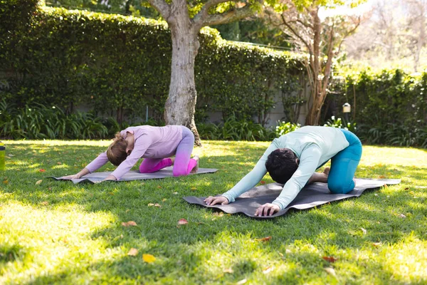Glückliches Lesbisches Paar Das Yoga Kobra Praktiziert Posiert Sonnigen Garten — Stockfoto