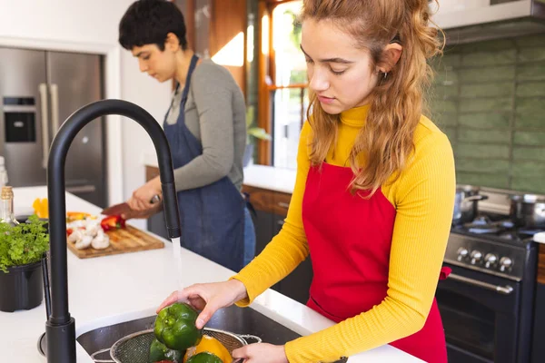Fokus Biracial Lesbisk Par Hackning Och Tvätta Grönsaker Köket Matlagning — Stockfoto