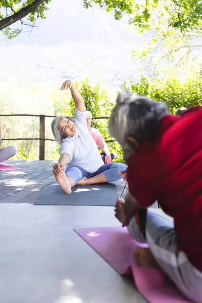 Fröhlich Gemischte Seniorengruppe Beim Yoga Kurs Sonnigen Garten Kopierraum Ruhestand lizenzfreie Stockfotos