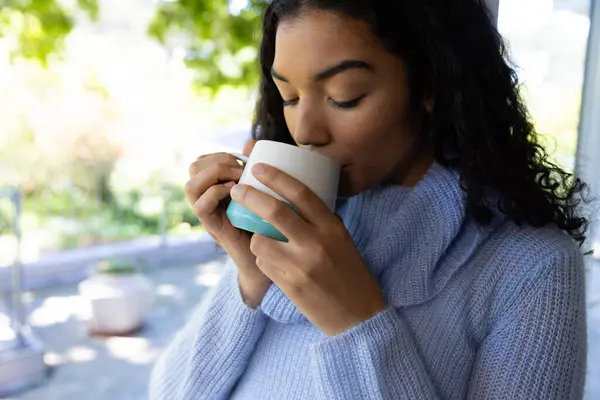 Biracial Woman Drinking Coffee Sunny Home Lifestyle Free Time Flavour — Stock Photo, Image