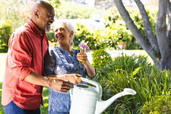 Happy diverse senior couple gardening in sunny garden. Lifestyle, retirement, senior lifestyle, nature, gardening, togetherness and domestic life, unaltered.