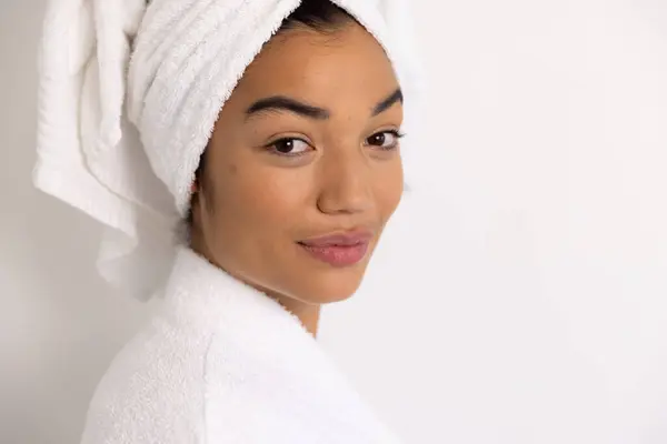 Portrait Happy Biracial Woman Bathrobe Towel White Wall Lifestyle Self — Stock Photo, Image