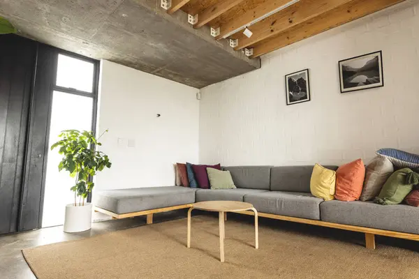 Interior Living Room Modern House Corner Sofa Beamed Ceiling Copy — Stock Photo, Image