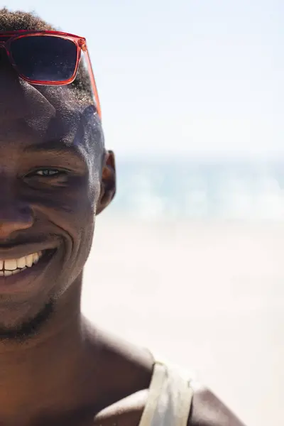 Young African American Man Smiles Beach Copy Space Unaltered His — Stock Photo, Image