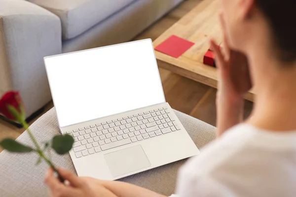 Young Woman Seen Holding Rose While Looking Laptop Screen Copy — Stock Photo, Image