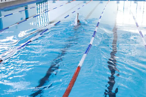 Swimmers practice in an indoor pool, focusing on their strokes. The image captures the essence of competitive swimming training at a sports facility.