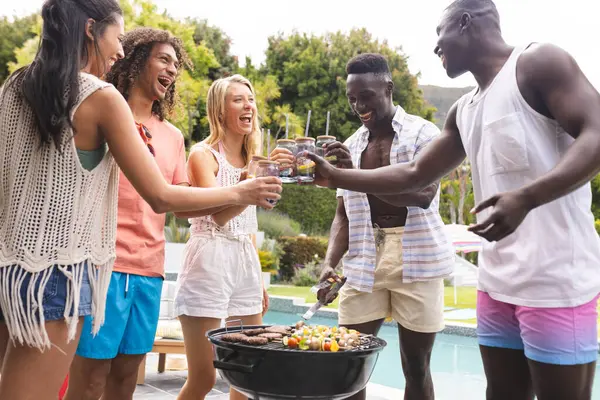 Diverse group of friends enjoying a barbecue, toasting drinks with smiles. They are outdoors in a backyard setting, capturing a moment of leisure and camaraderie.