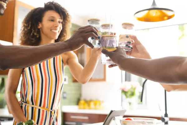 Diverse Couple Toasts Healthy Smoothies Sunny Kitchen African American Woman — Stock Photo, Image