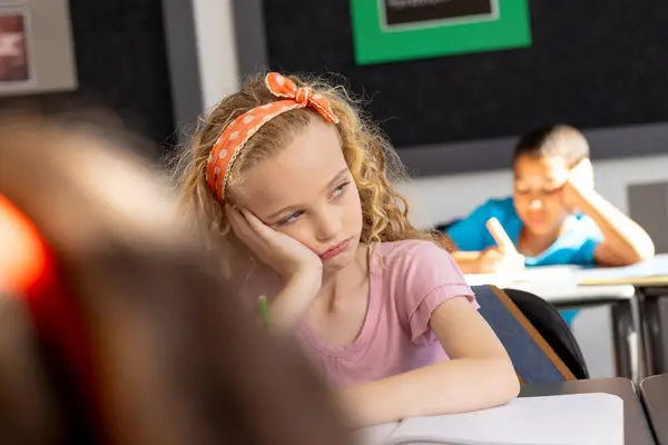 School Young Caucasian Girl Curly Blonde Hair Looks Thoughtful Classroom — Stock Photo, Image