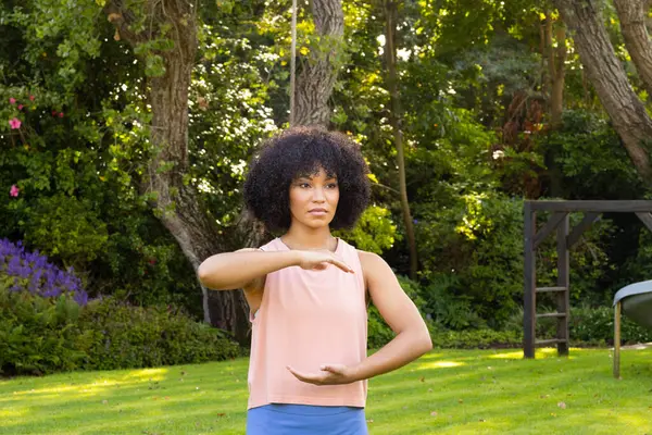 Young Biracial Woman Curly Black Hair Practicing Yoga Garden Home — ストック写真