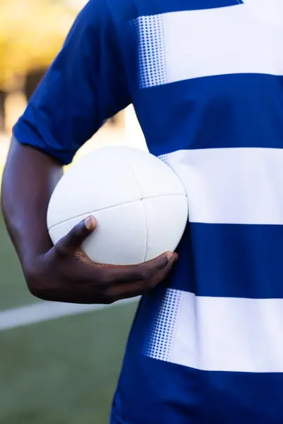 African American Young Male Athlete Holding Rugby Ball Ready Play — Stock Photo, Image