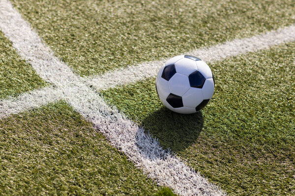 Soccer Ball Rests Green Artificial Turf Field White Boundary Line Stock Image