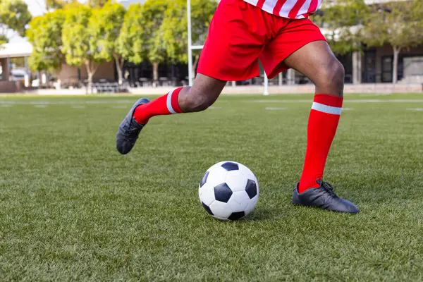 一名身穿红白相间制服的足球运动员 非洲裔美国青年男子运动员 正在室外草地上踢一个球 穿着黑色的鞋子和红袜 专注于比赛 没有改变 图库图片