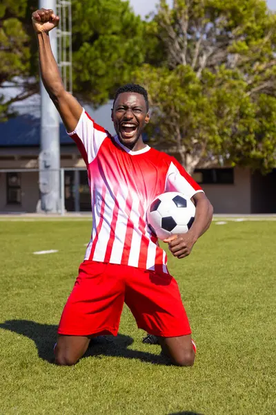 African American Young Male Athlete Celebrating Soccer Field Outdoors Holding 로열티 프리 스톡 이미지