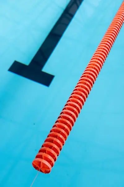 赤いレーンディバイダーが屋内ブルーのスイミングプールに浮かび スペースをコピーします 水の下で 黒いレーン マーカーは練習の間に水泳者を 変えられない導きます ストックフォト