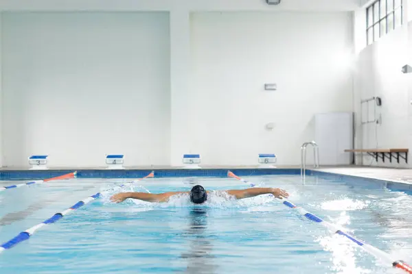 Biracial Young Female Swimmer Training Indoors Pool Copy Space She — ストック写真