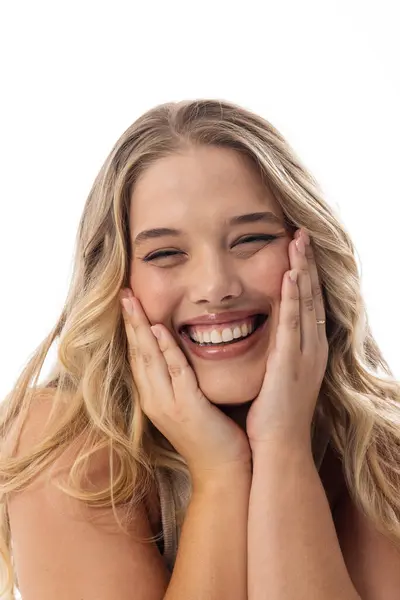 Young Caucasian Size Model Laughs Touching Her Face White Background Fotos De Bancos De Imagens Sem Royalties
