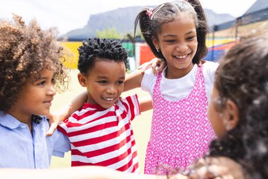 In school, diverse group of young students are playing outside. They have curly hair, wearing casual clothes and showing happy expressions, unaltered clipart