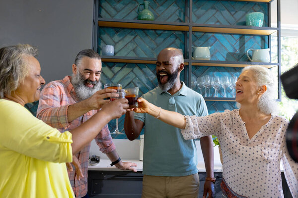 At home, Group of friends toasting with drinks in kitchen, enjoying time together. Friendship, celebration, party, socializing, bonding, togetherness, unaltered — Stock Image Home Group Friends Toasting Drinks Kitchen Enjoying Time Together Friendship Royalty Free Stock Images