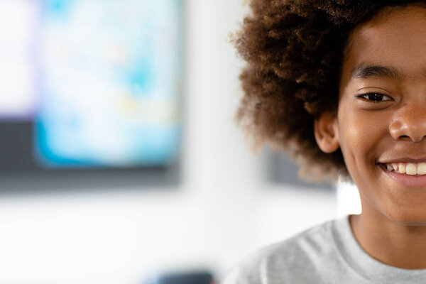 Half Face Portrait Smiling African American Schoolboy Afro Copy Space Stock Photo