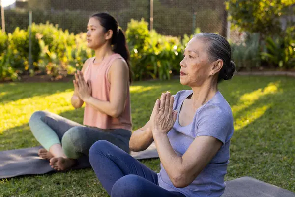 stock image Practicing yoga, asian grandmother and granddaughter meditating on yoga mats in outdoor garden. Wellness, mindfulness, fitness, exercise, tranquility, relaxation