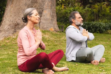 Meditating outdoors, mature couple sitting cross-legged in peaceful moment. Meditation, tranquility, wellbeing, mindfulness, serenity, relaxation clipart