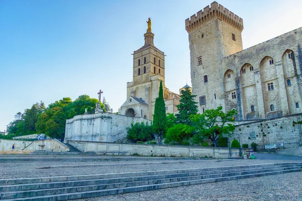 Panorama Van Het Oude Pauselijk Paleis Saint Benezet Avignon Morgens — Stockfoto