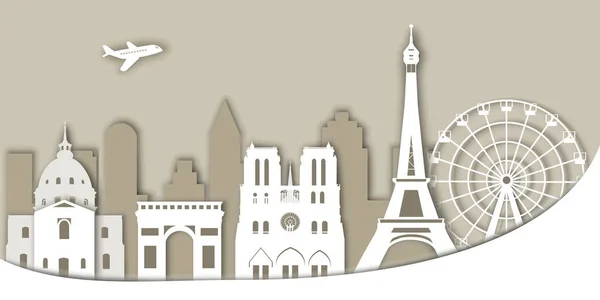 パリのランドマークのセット紙カットスタイルでLes Invalides Triumphal Arch ノートルダム大聖堂 エッフェル塔 — ストックベクタ
