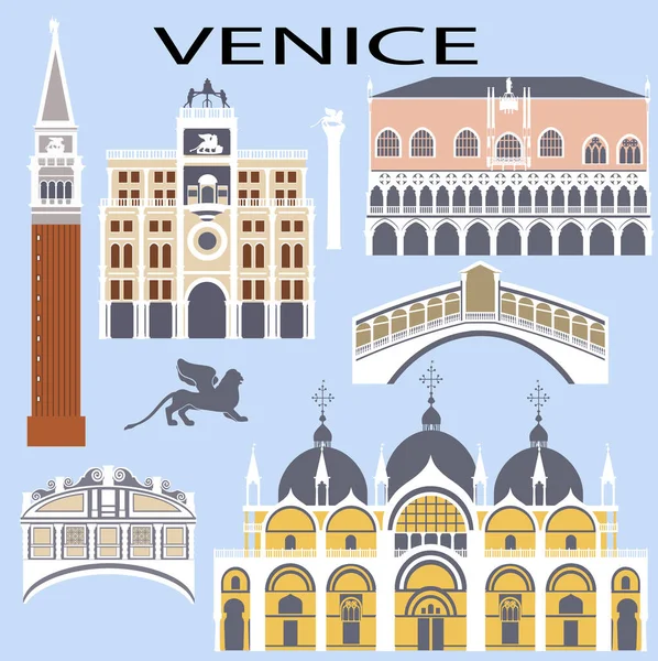 Set Dei Punti Riferimento Veneziani Stile Flat Color — Vettoriale Stock