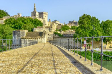 Rhone nehri üzerindeki Saint Benezet köprüsü ve güzel bir yaz gününde Papa Sarayı, Avignon, Fransa